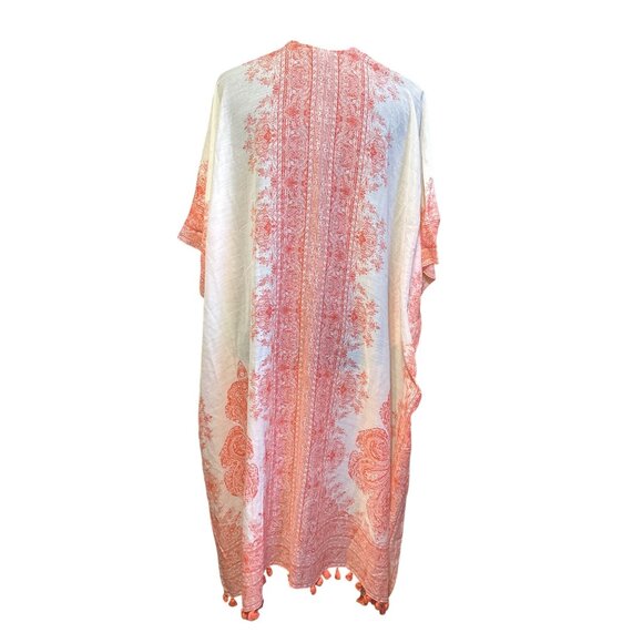 Boho-Inspired Orange & White Paisley Kimono Wrap With Tassel Trim - Picture 2 of 5